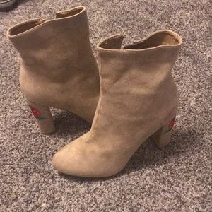 Tan booties with rose decal